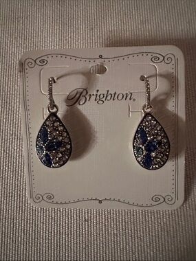 Brighton Silver Teardrop Earrings with Blue and Clear Crystals